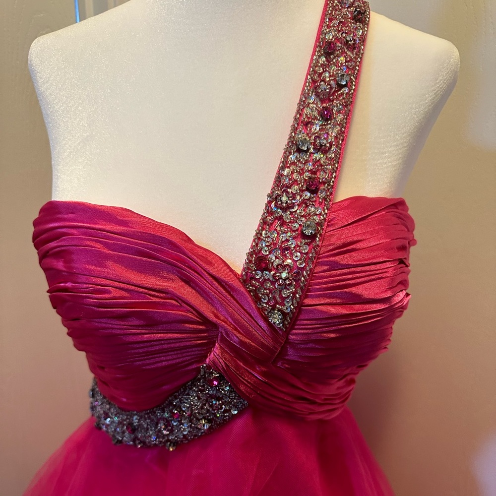 Dave and Johnny Hot Pink sequin tulle prom dress.